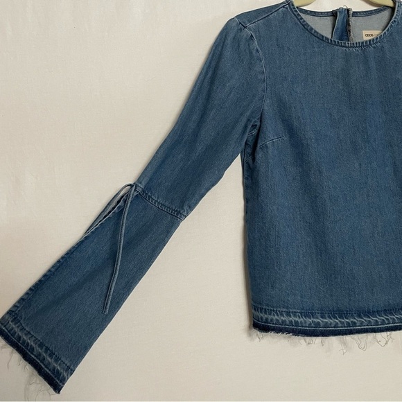 Asos Denim Boxy Boho Split Bell Sleeve Frayed Edge Top - Picture 5 of 13